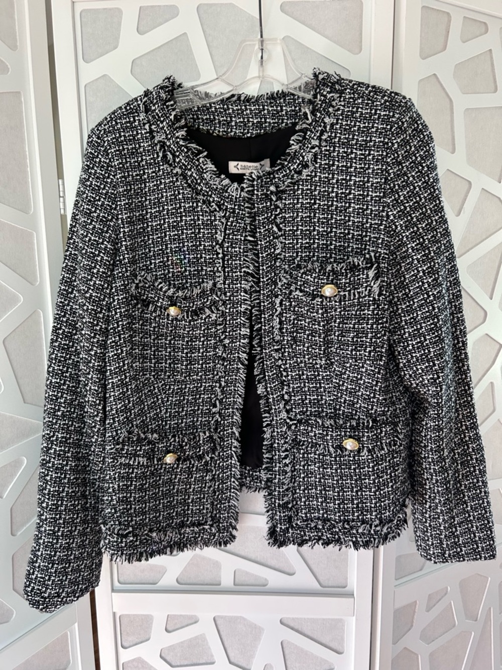 Nanette Lepore Black & White Tweed Fringe Jacket with Gold Buttons - NWT size 12